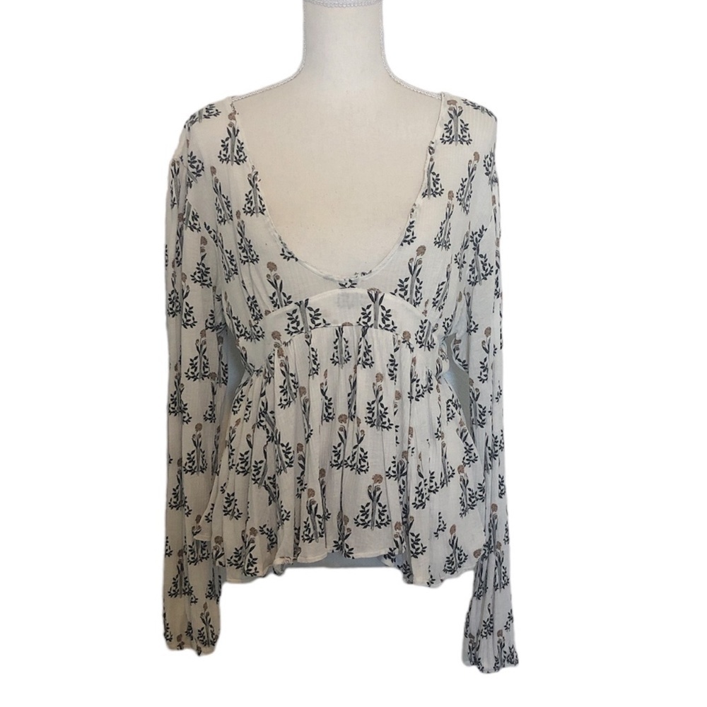 FREE PEOPLE Boho Blouse Women's Size Medium White Black Cottagecore Peplum